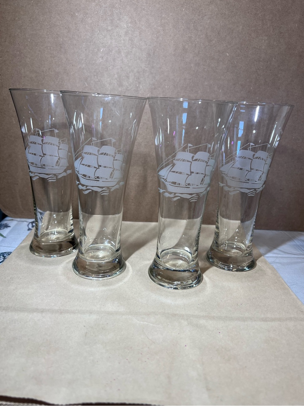 Set of 4 Vintage 70’s Clear Etched Clipper Ship Nautical Pilsner Glasses